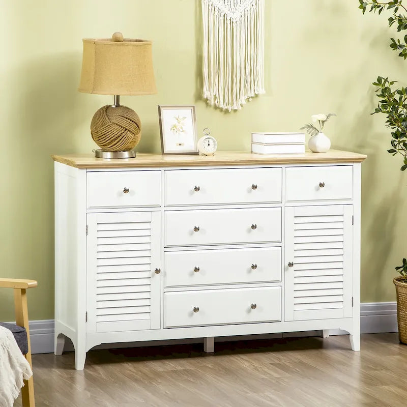 HOMCOM Modern Sideboard with Drawers, Buffet Cabinet with Storage Cabinets, Rubberwood Top and Adjustable Shelves, White