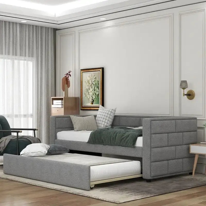 Twin Size Daybed with Trundle, Upholstered Daybed with Padded Back