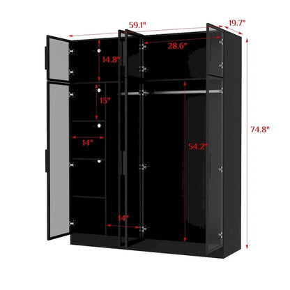 Elegant Black Wardrobe with LED Lighting and Tempered Glass Doors