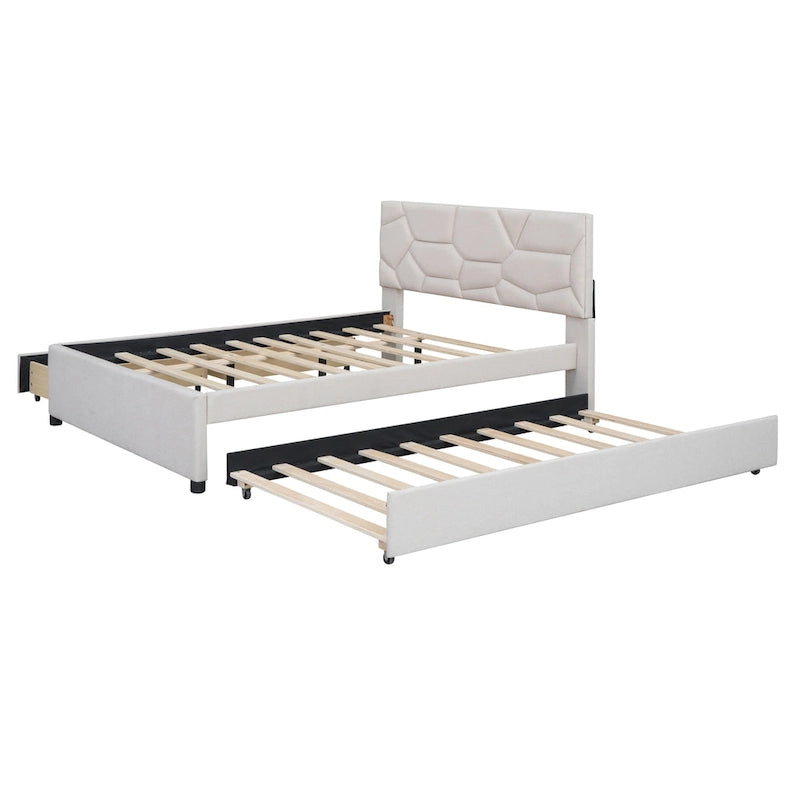 Full Size Upholstered Platform Bed with Twin Size Trundle and 2 Drawers