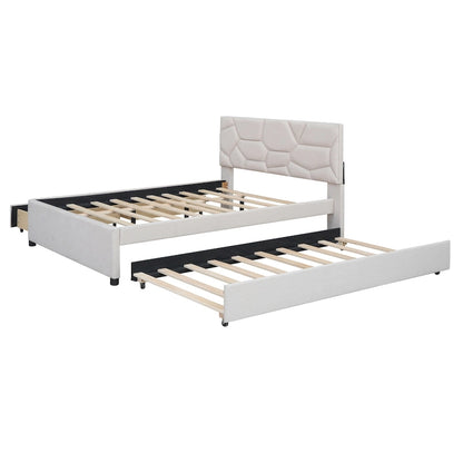Full Size Upholstered Platform Bed with Twin Size Trundle and 2 Drawers