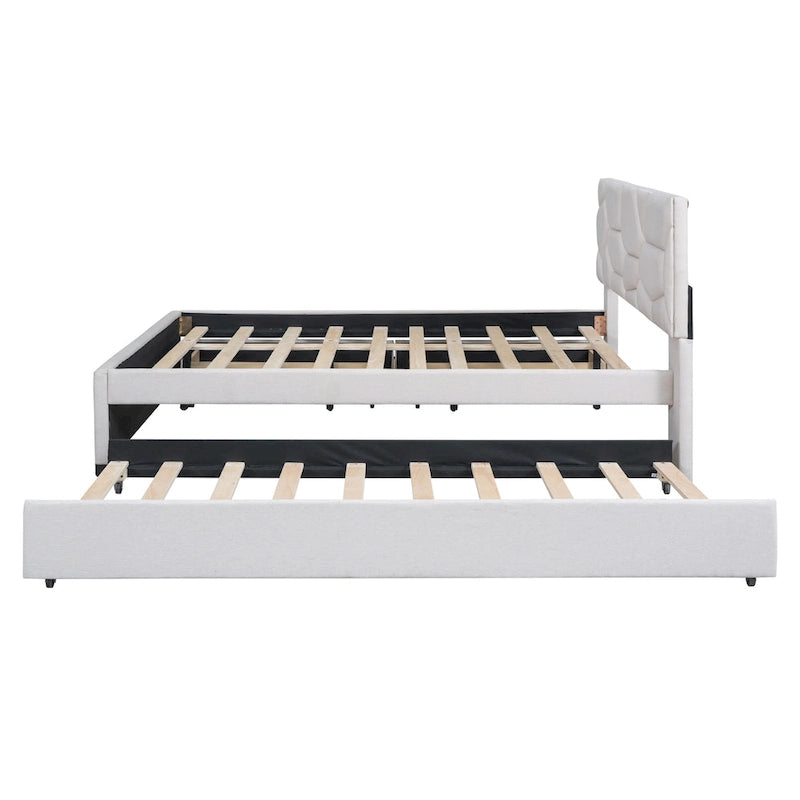 Full Size Upholstered Platform Bed with Twin Size Trundle and 2 Drawers