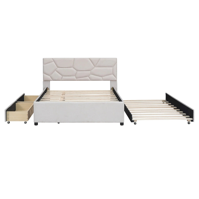 Full Size Upholstered Platform Bed with Twin Size Trundle and 2 Drawers