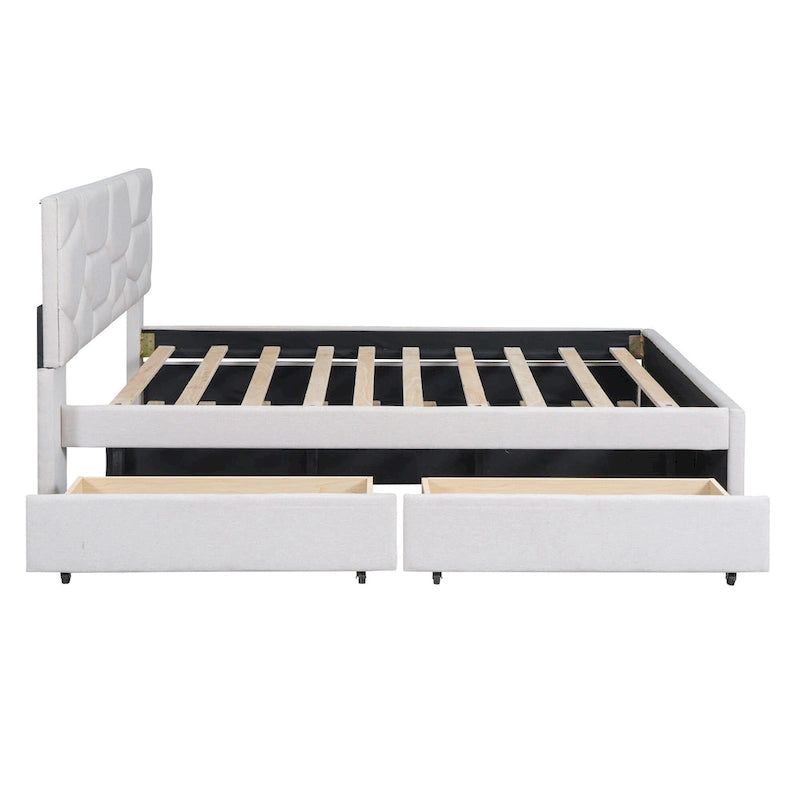 Full Size Upholstered Platform Bed with Twin Size Trundle and 2 Drawers