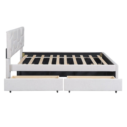 Full Size Upholstered Platform Bed with Twin Size Trundle and 2 Drawers