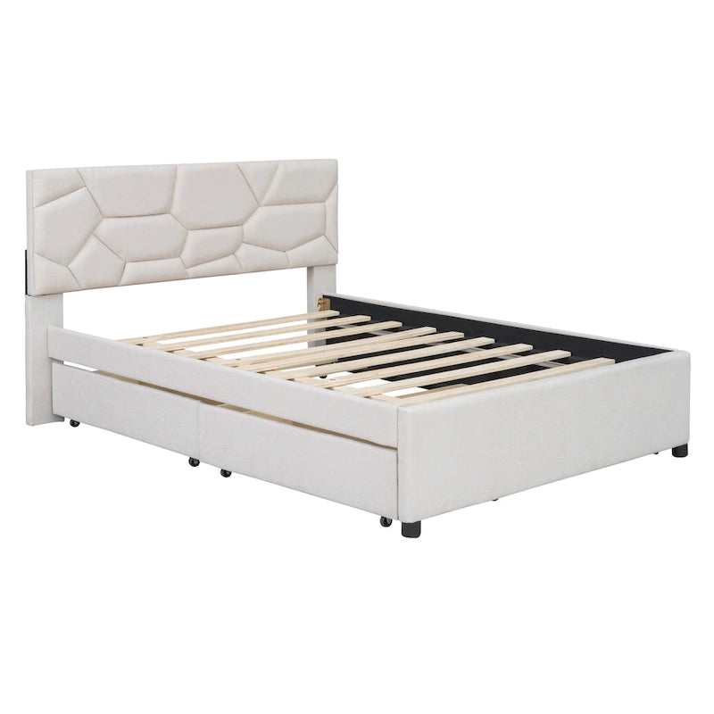 Full Size Upholstered Platform Bed with Twin Size Trundle and 2 Drawers