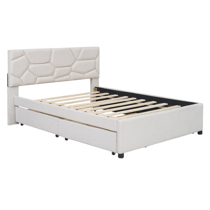 Full Size Upholstered Platform Bed with Twin Size Trundle and 2 Drawers