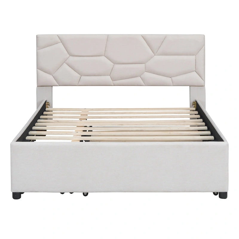Full Size Upholstered Platform Bed with Twin Size Trundle and 2 Drawers