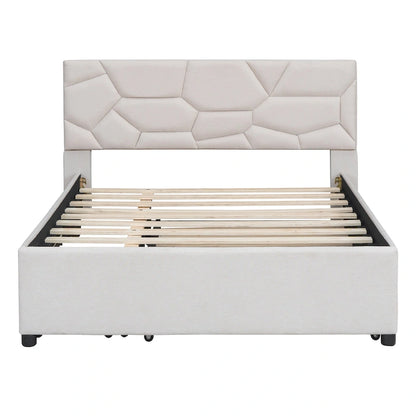 Full Size Upholstered Platform Bed with Twin Size Trundle and 2 Drawers