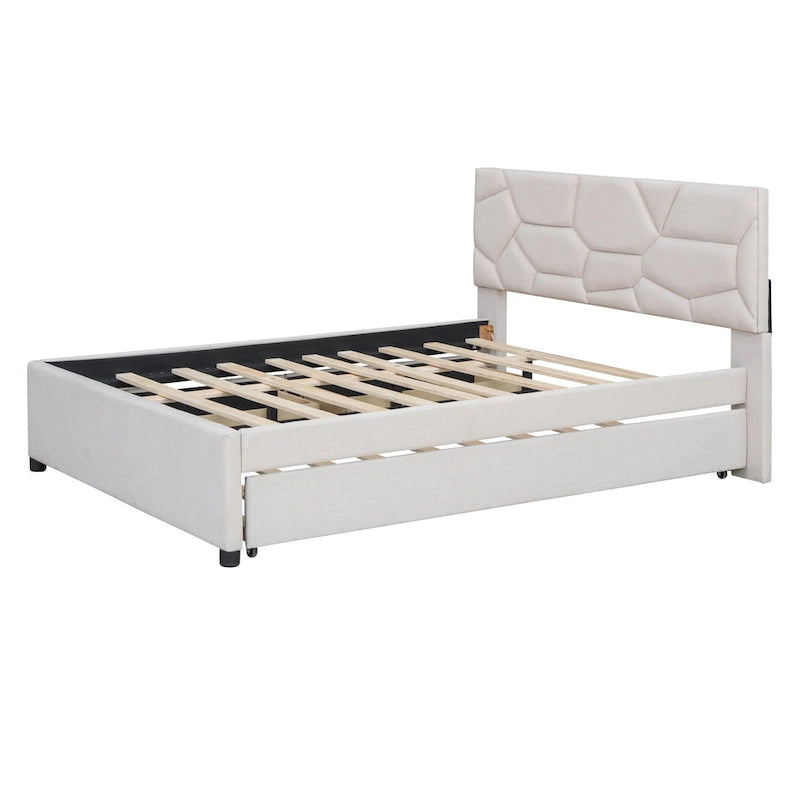 Full Size Upholstered Platform Bed with Twin Size Trundle and 2 Drawers