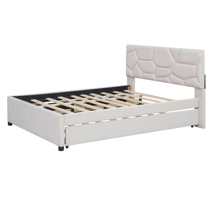 Full Size Upholstered Platform Bed with Twin Size Trundle and 2 Drawers