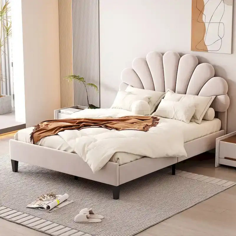 Velvet Upholstered Platform Bed with Flower Pattern Headboard