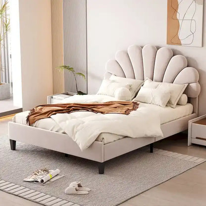 Velvet Upholstered Platform Bed with Flower Pattern Headboard
