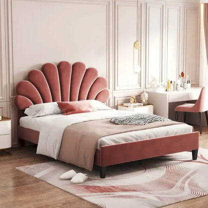 Velvet Upholstered Platform Bed with Flower Pattern Headboard