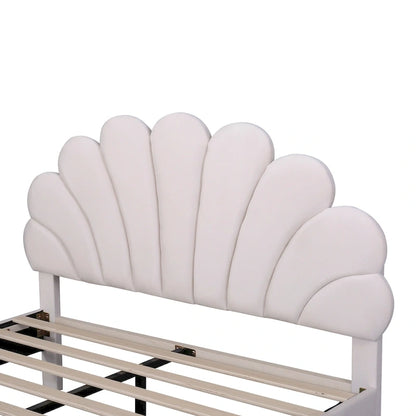 Velvet Upholstered Platform Bed with Flower Pattern Headboard