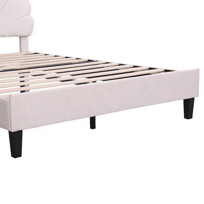 Velvet Upholstered Platform Bed with Flower Pattern Headboard
