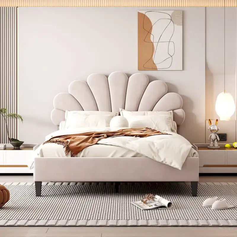 Velvet Upholstered Platform Bed with Flower Pattern Headboard