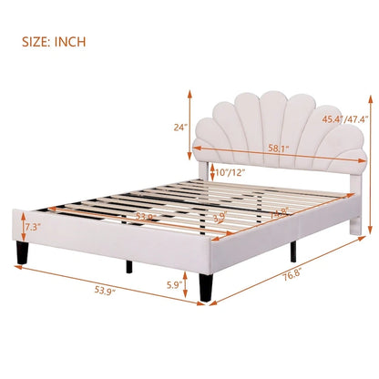 Velvet Upholstered Platform Bed with Flower Pattern Headboard