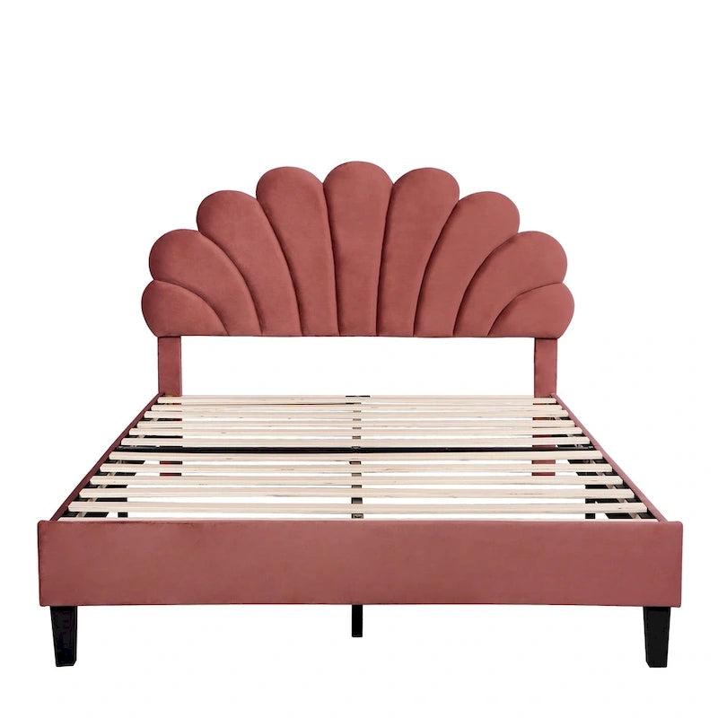 Velvet Upholstered Platform Bed with Flower Pattern Headboard