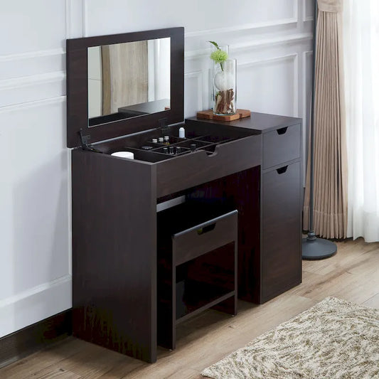 DH BASIC Modern Walnut 36 Storage Vanity and Stool Set by Denhour