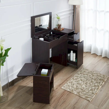 DH BASIC Modern Walnut 36 Storage Vanity and Stool Set by Denhour