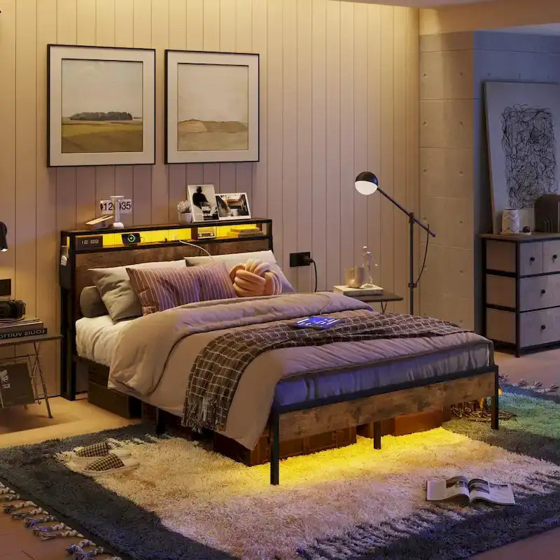Metal Bed Frame Platform Bed with Storage Headboard LED Lights and Charging Station