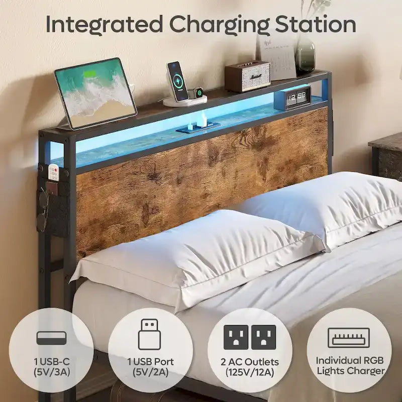 Metal Bed Frame Platform Bed with Storage Headboard LED Lights and Charging Station