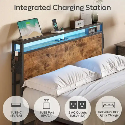 Metal Bed Frame Platform Bed with Storage Headboard LED Lights and Charging Station