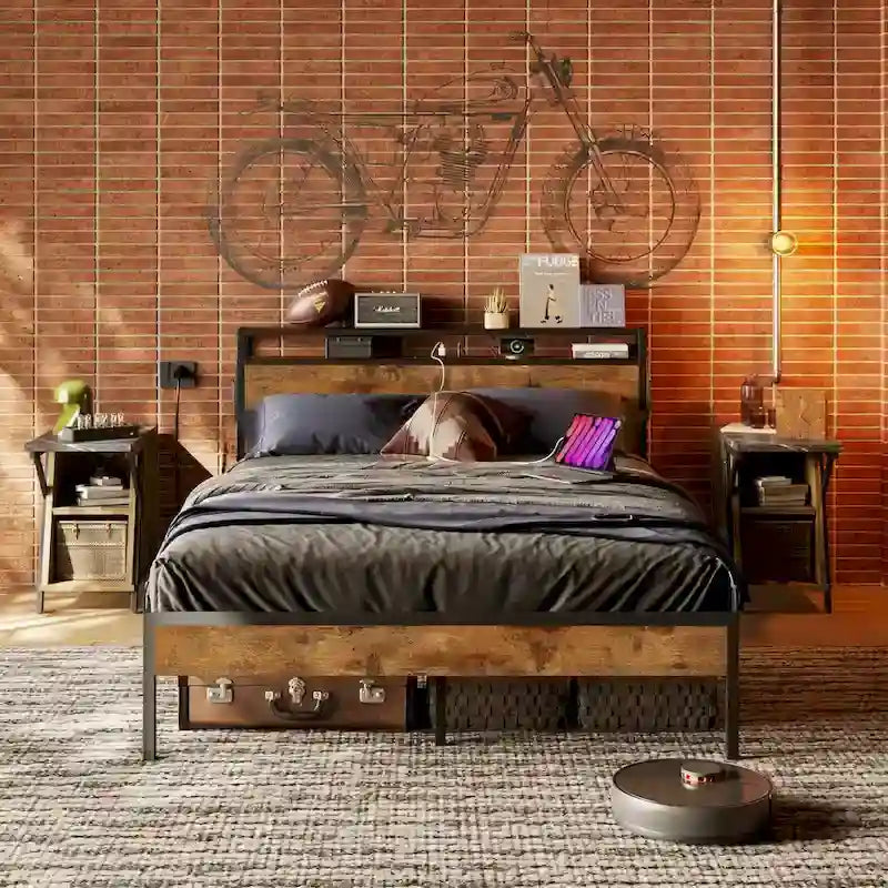 Metal Bed Frame Platform Bed with Storage Headboard LED Lights and Charging Station