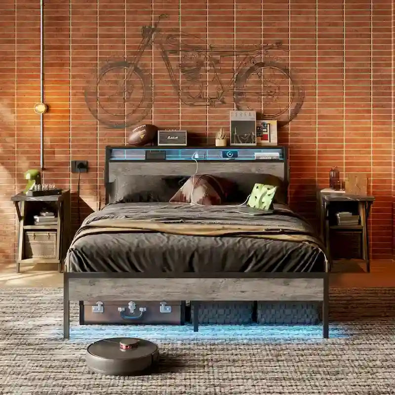 Metal Bed Frame Platform Bed with Storage Headboard LED Lights and Charging Station