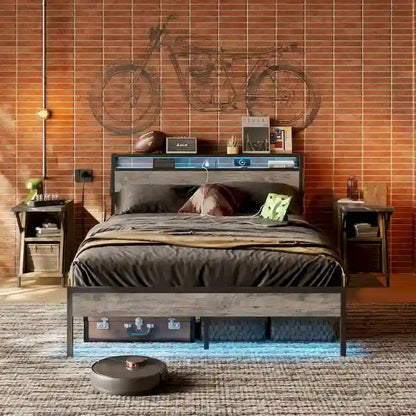 Metal Bed Frame Platform Bed with Storage Headboard LED Lights and Charging Station