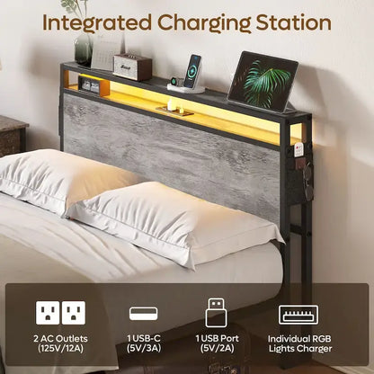 Metal Bed Frame Platform Bed with Storage Headboard LED Lights and Charging Station