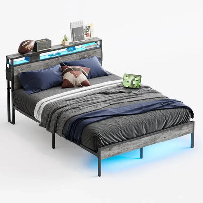Metal Bed Frame Platform Bed with Storage Headboard LED Lights and Charging Station