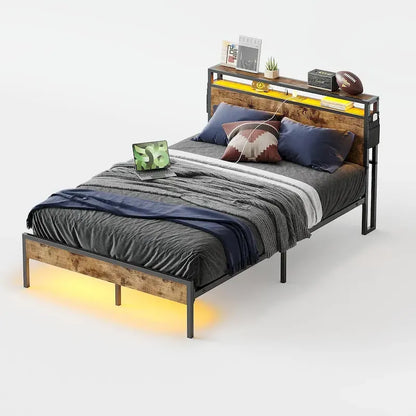 Metal Bed Frame Platform Bed with Storage Headboard LED Lights and Charging Station