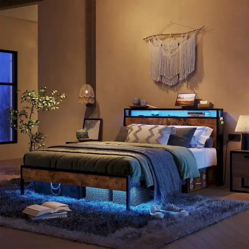 Metal Bed Frame Platform Bed with Storage Headboard LED Lights and Charging Station