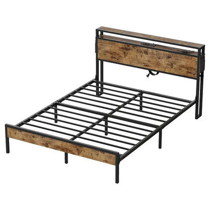 Metal Bed Frame Platform Bed with Storage Headboard LED Lights and Charging Station