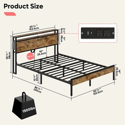 Metal Bed Frame Platform Bed with Storage Headboard LED Lights and Charging Station