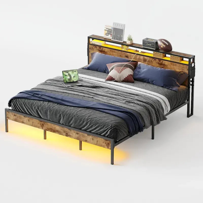 Metal Bed Frame Platform Bed with Storage Headboard LED Lights and Charging Station