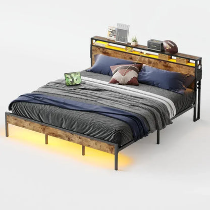 Metal Bed Frame Platform Bed with Storage Headboard LED Lights and Charging Station