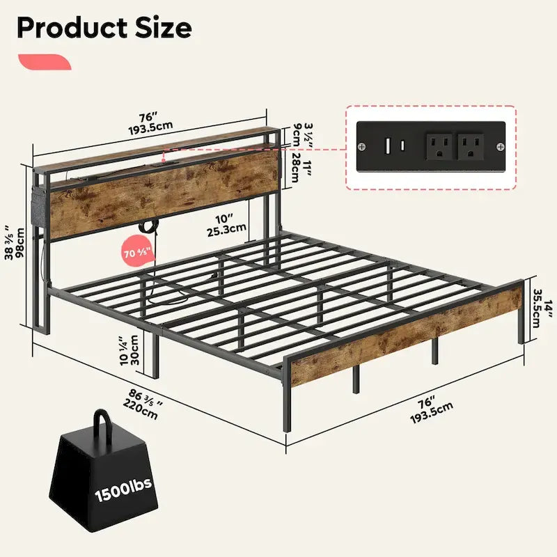 Metal Bed Frame Platform Bed with Storage Headboard LED Lights and Charging Station