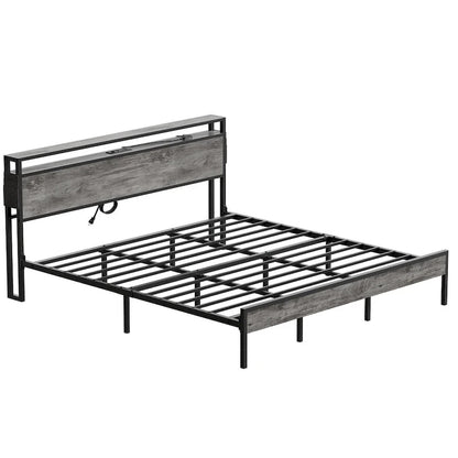 Metal Bed Frame Platform Bed with Storage Headboard LED Lights and Charging Station