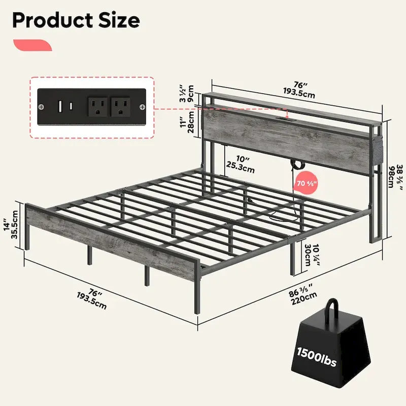 Metal Bed Frame Platform Bed with Storage Headboard LED Lights and Charging Station