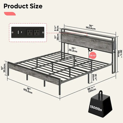 Metal Bed Frame Platform Bed with Storage Headboard LED Lights and Charging Station