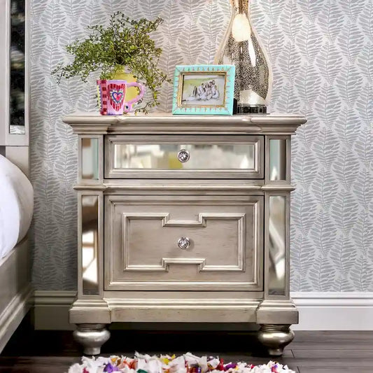 Eaen Glam Silver Wood 2-Drawer Nightstand by Furniture of America