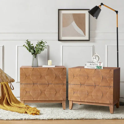 Ethe Mid-Century 2-Drawer Storage Nightstand with Adjustable Solid Wood legs and Charging Station Set of 2 By HULALA HOME
