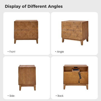 Ethe Mid-Century 2-Drawer Storage Nightstand with Adjustable Solid Wood legs and Charging Station Set of 2 By HULALA HOME