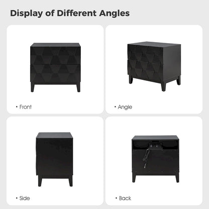 Ethe Mid-Century 2-Drawer Storage Nightstand with Adjustable Solid Wood legs and Charging Station Set of 2 By HULALA HOME