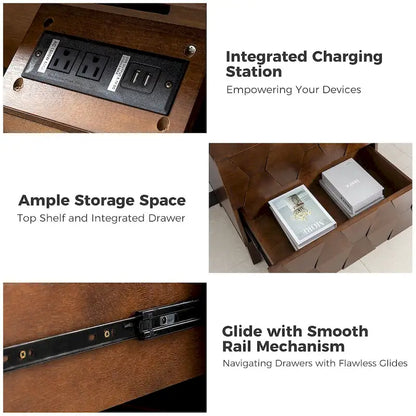 Ethe Mid-Century 2-Drawer Storage Nightstand with Adjustable Solid Wood legs and Charging Station Set of 2 By HULALA HOME
