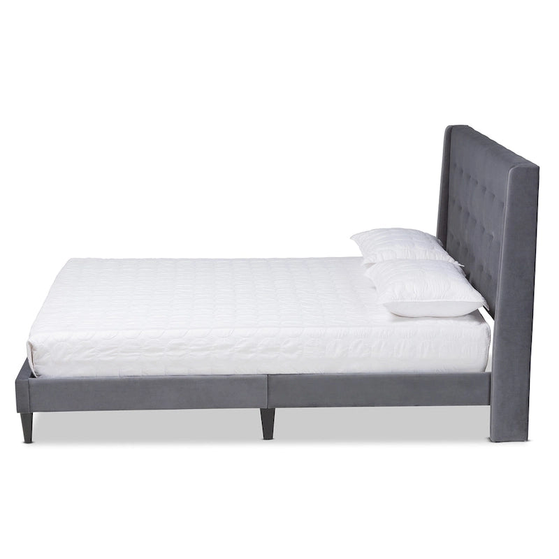 Gothard Modern and Contemporary Velvet Fabric Upholstered and Dark Brown Finished Wood Platform Bed