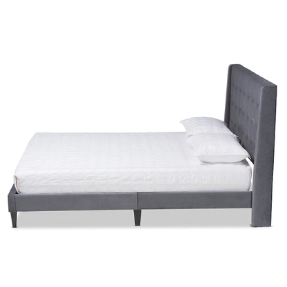 Gothard Modern and Contemporary Velvet Fabric Upholstered and Dark Brown Finished Wood Platform Bed
